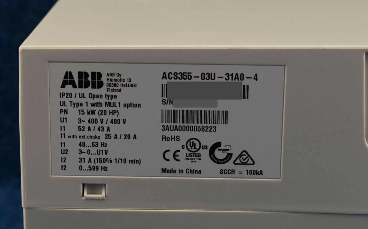 ACS355-03U-31A0-4 MACHINERY DRIVE 15 KW 20 HP 31 A 380-480 VAC