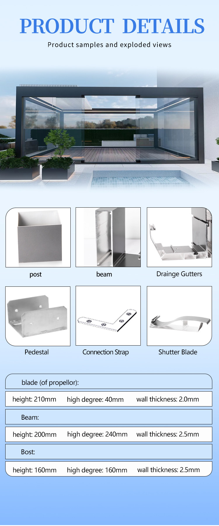 Outdoor Waterproof Motorized Aluminium Pergola With Customized Frame Backyard