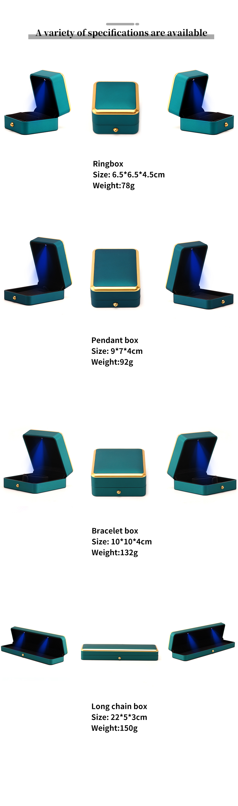 Light Green LED Plastic Velvet Jewelry Box for Custom in Square Luxury Elegant Style