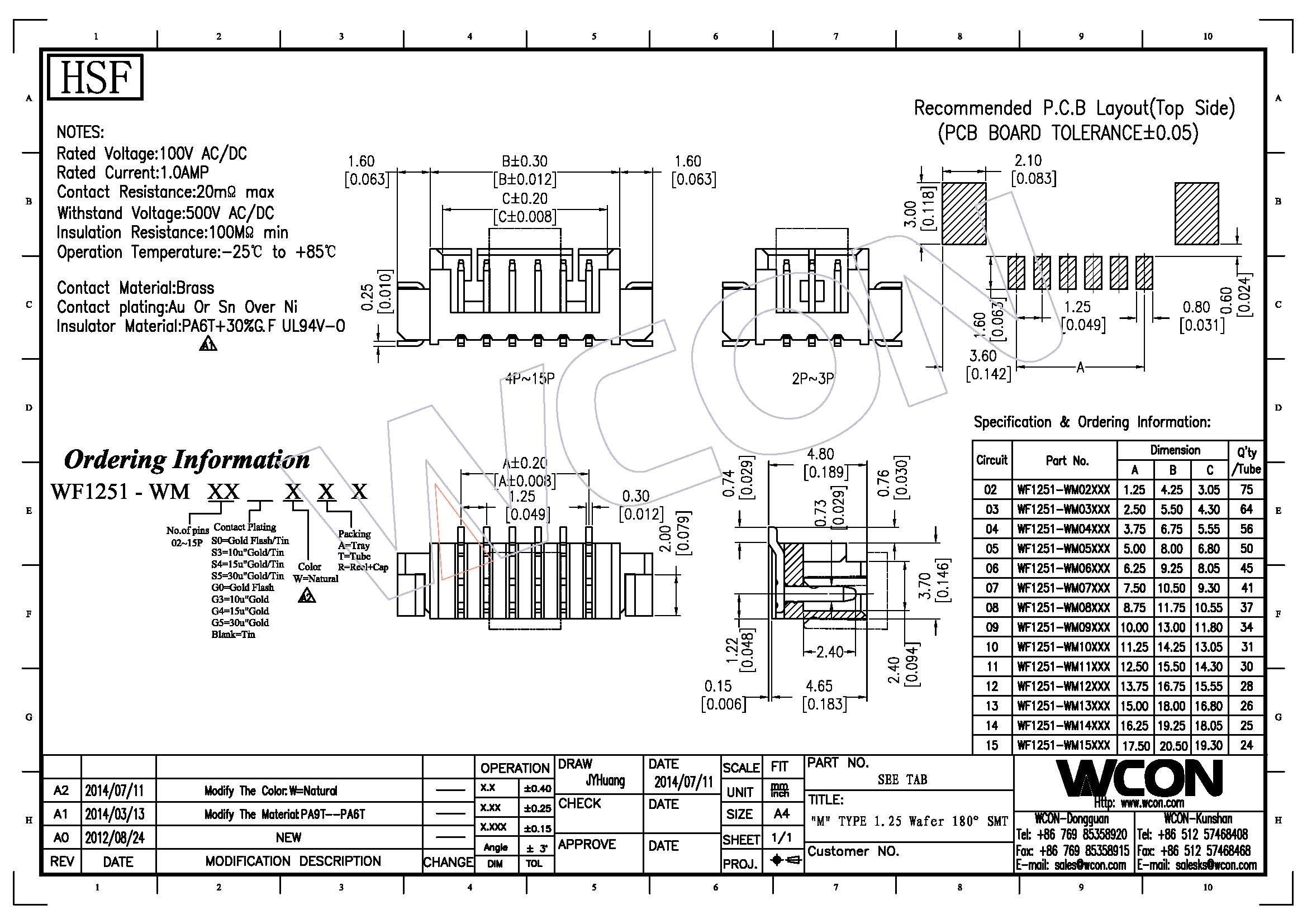 Wafer Connector 1.25mm Pitch 02~15P 1.0AMP 180° SMT PCB Connectors