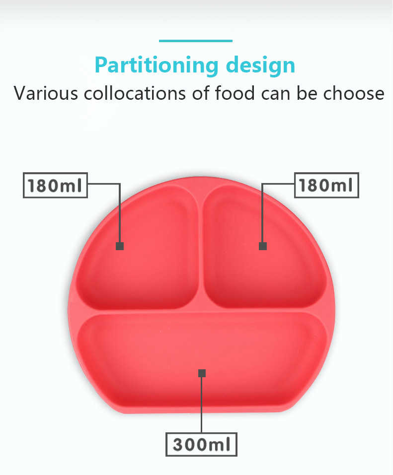 Red Silicone Childrens Plates Unbreakable Silicone Suction Divided Plate