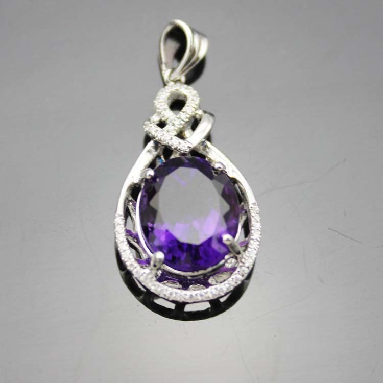Sterling Silver 10x12mm Oval Amethyst Cubic Zircon Pendant (PSJ0376)