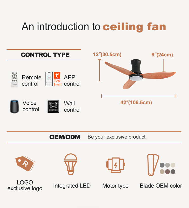 OEM Low Profile Ceiling Fan with Light and Remote Control 1stshine LED Smart Control
