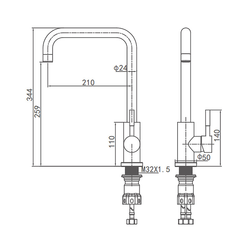 G1/2 344mm 210mm Ss Kitchen Faucet Taps Brushed Modern Design