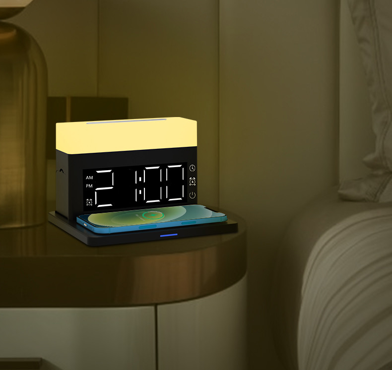 Black Protection Wireless Charger Modern Digital Clock Table Desk Night Lamp 3 In 1 Led Desk Lamp With Wireless Charger