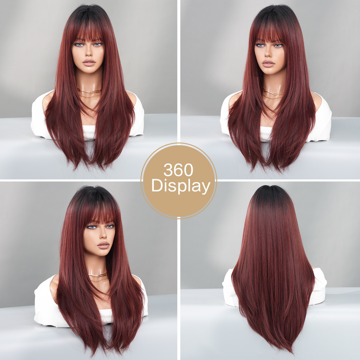 Fashion Long Straight Dark Root Hair Black/Auburn Synthetic Wigs For Women