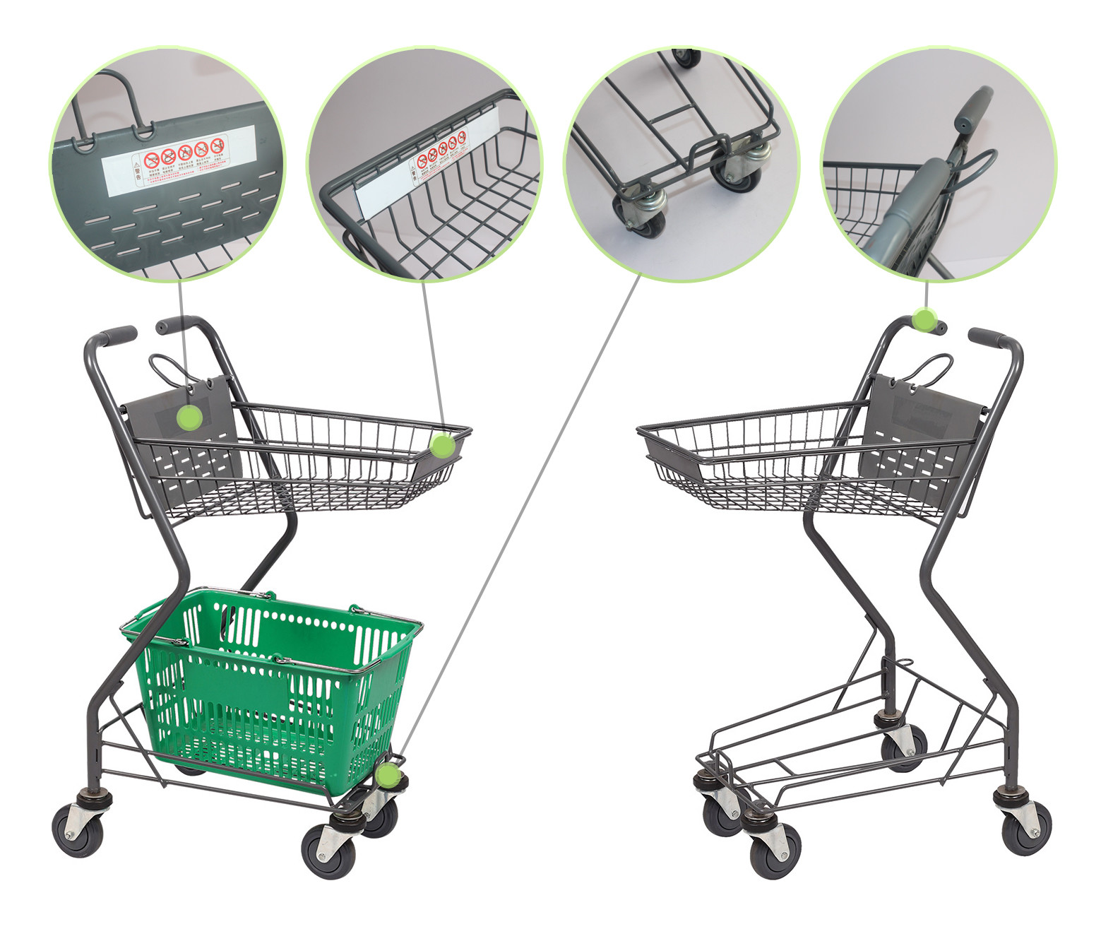 Double Layer Shopping Basket Trolley 45L Basket Supermarket Metal Grocery Cart