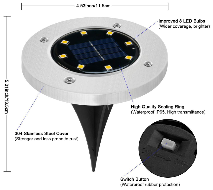 8 LED Outdoor Solar Power LED Lawn Light For Gardens Polycrystalline Silicon