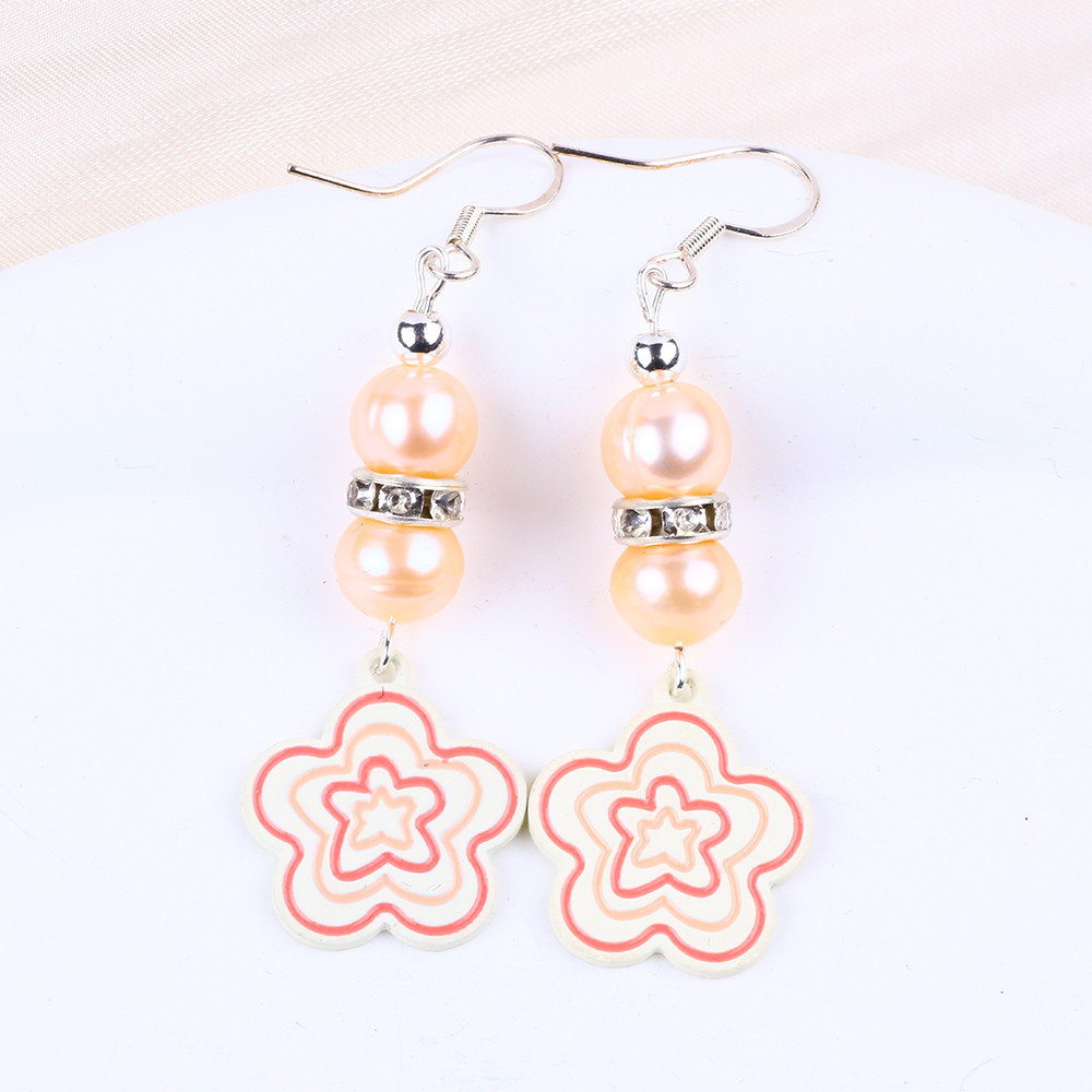 8mm Beads Pink Freshwater Pearls Dangle Hook Earrings Flower Charm
