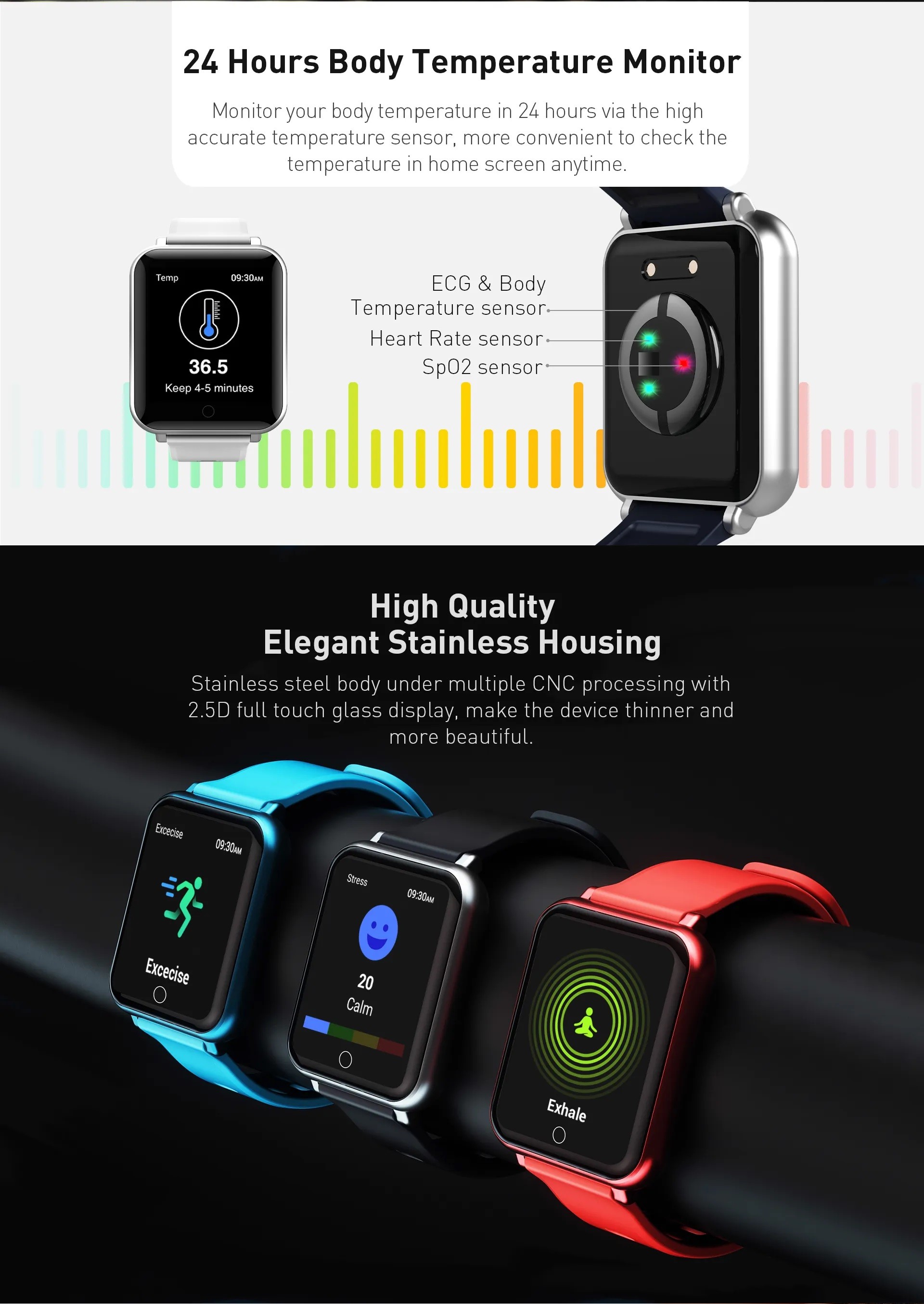 Digital Non Invasive Blood Sugar Glucose Meter Monitor Wrist Smartwatch