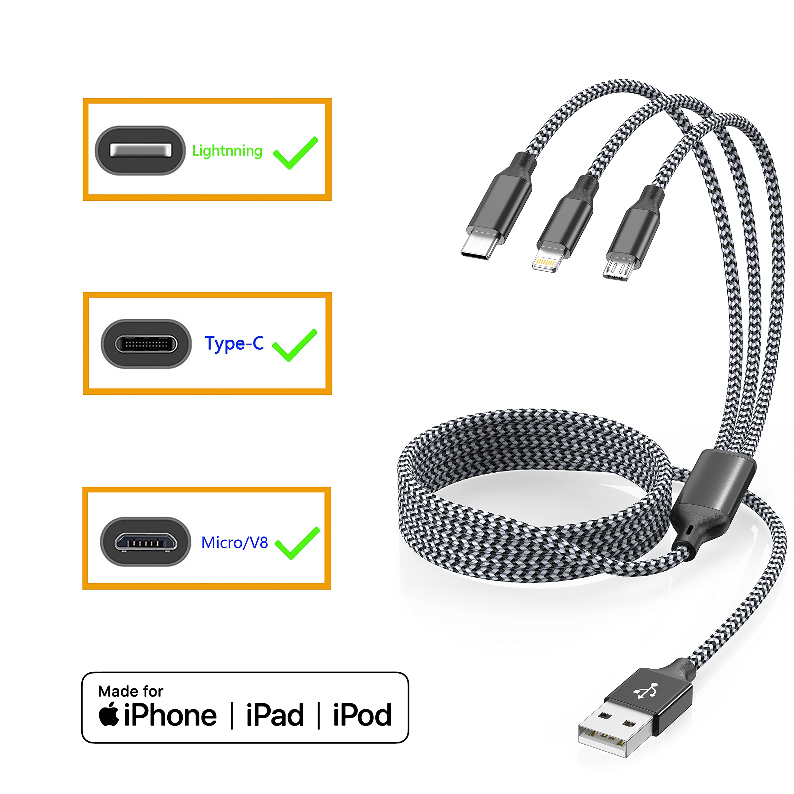3 in 1 USB Charging Cable Multi Phone Cord with Type C/Micro/Lightning USB Connectors