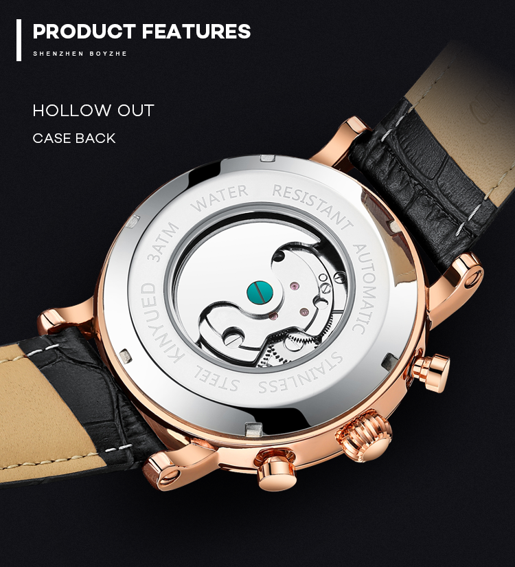 KINYUED J017-3 Gold Case Black Dial Leather Strap Complete Calendar Skeleton Waterproof relogio masculino Watches