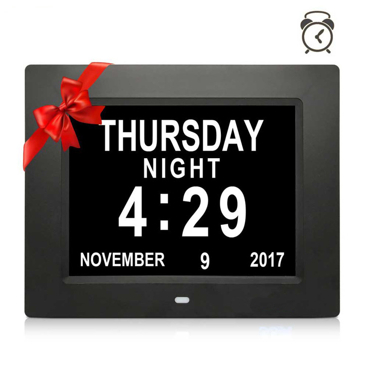 Day Clock Digital LED Wall Clock Calendar Alarm Clock 8" Extra Large Impaired Vision 3 Medicine Reminder Display Clock