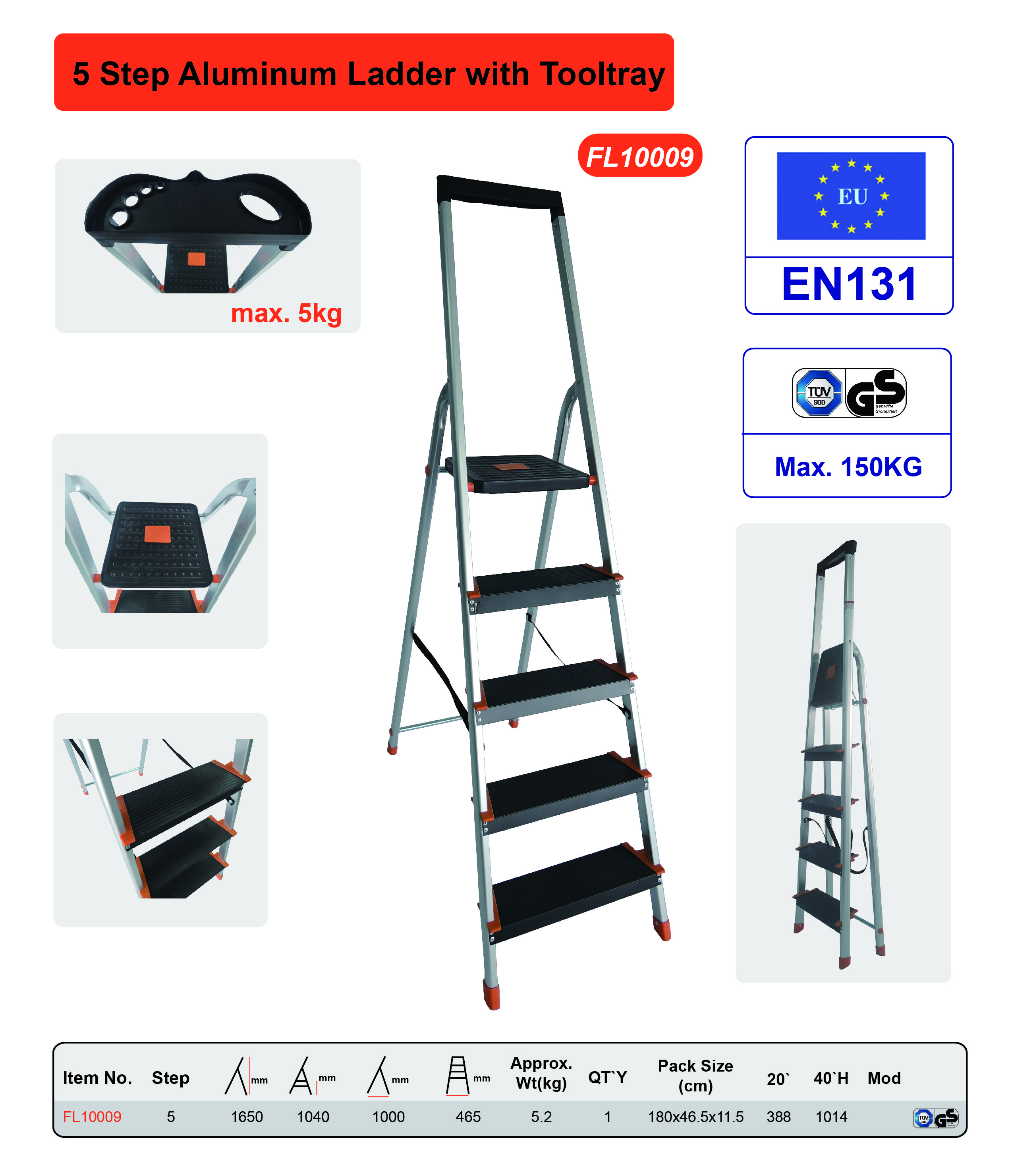 5 Steps Aluminium Folding Step Ladder With Tool Tray Max Load 150kg