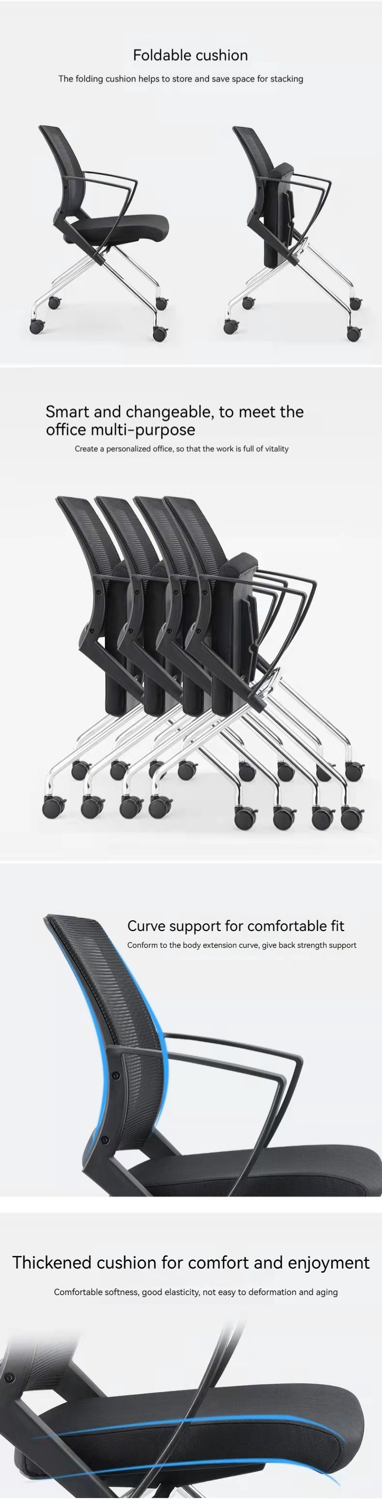 Foldable PP Plastic Mesh Fabric School Student Training Chair with Wheel and No Handrail