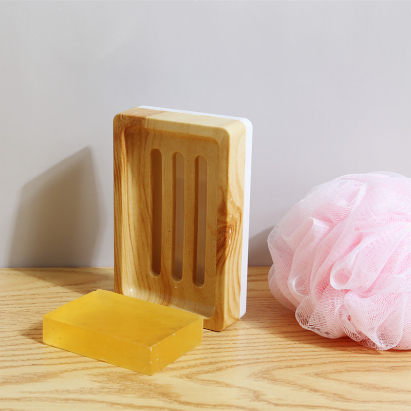 Toilet Wood Grain Shelf Plastic Soap Holder Dish Tray With Lid Drain