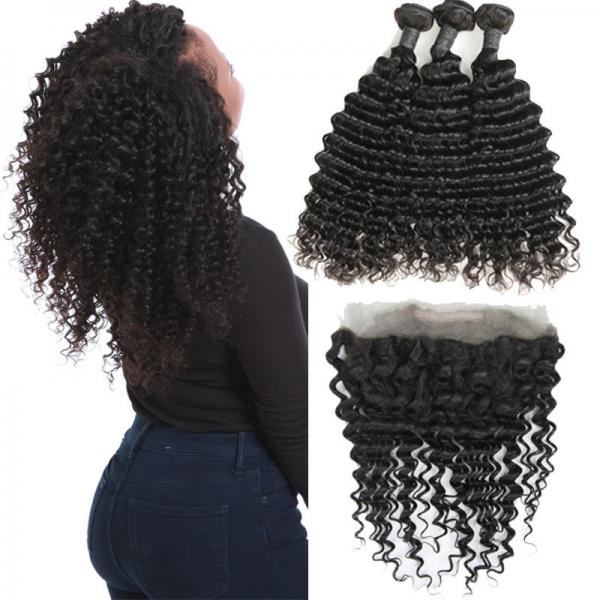 Quality Real Transparent 360 Lace Frontal Closure 3 Bundles Deep Wave No Tangle for sale