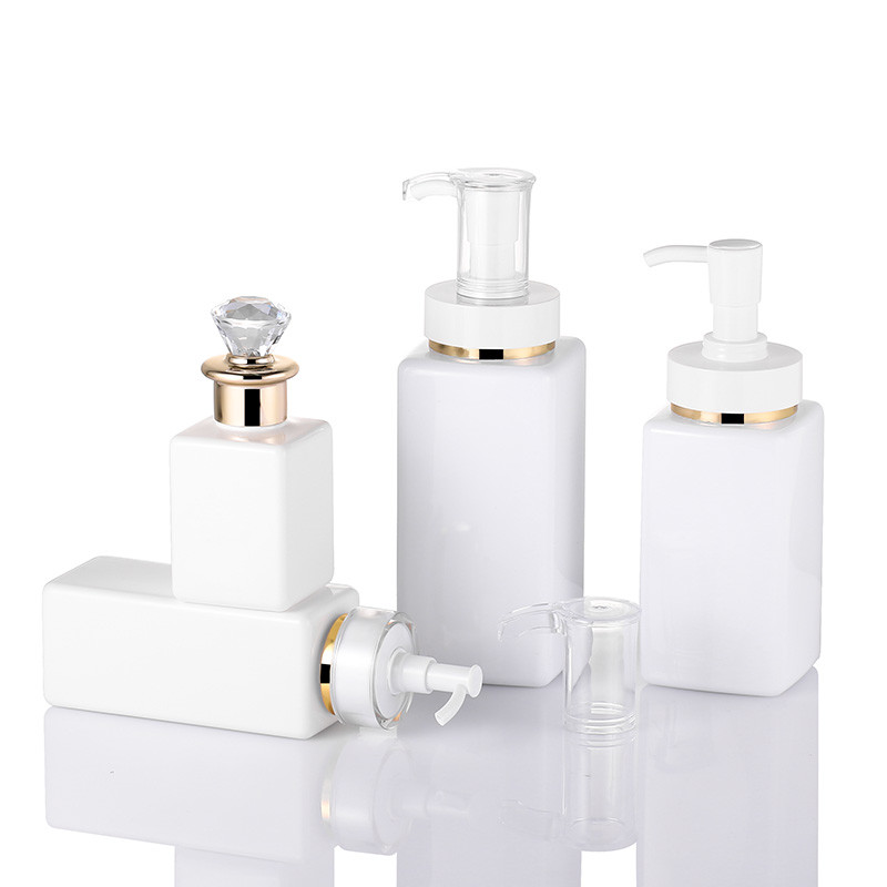 High Quality Luxury White Customize Square Shampoo Hair Lotion Bottle With Diamond Gold Rim Cap