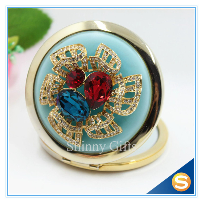 Shinny Gifts Luxury Crystal Cosmetic mirror Round Shape Metal Pocket Mirror