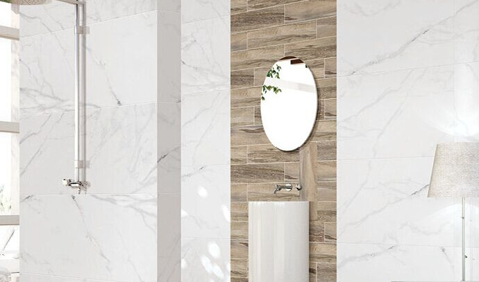 Super White Carrara Polished Porcelain Tile , Ceramic Marble Floor Tiles