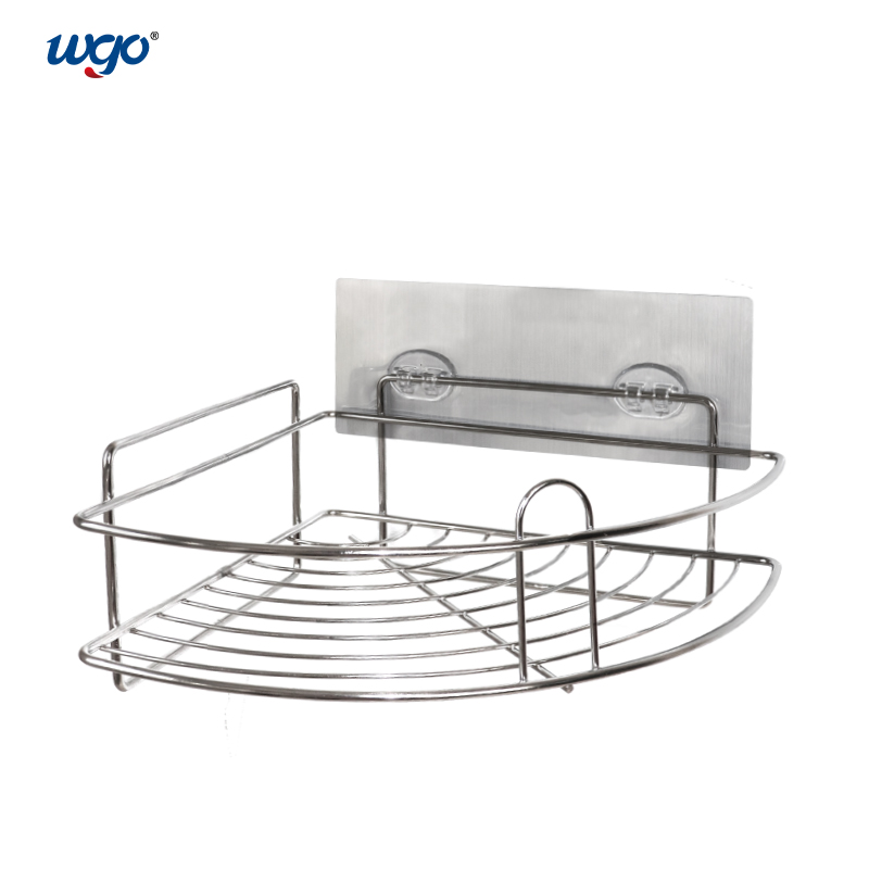 Stainless Steel Wall Mounted Corner Basket Damage Free Hanging Bathroom Corner Shelf Adhesive