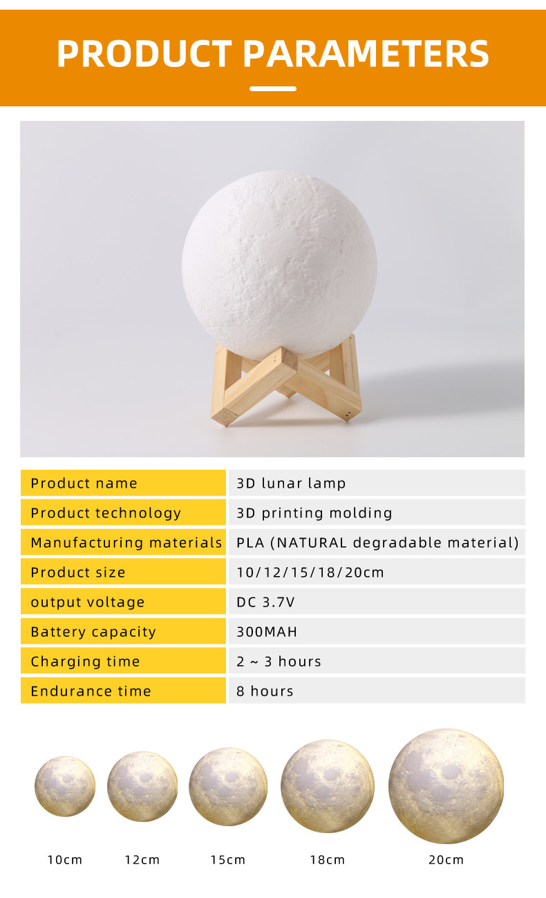 3D Lunar Moon LED Atmosphere Lamp 6000K DC 3.7V 10cm 12cm 15cm 18cm 20cm