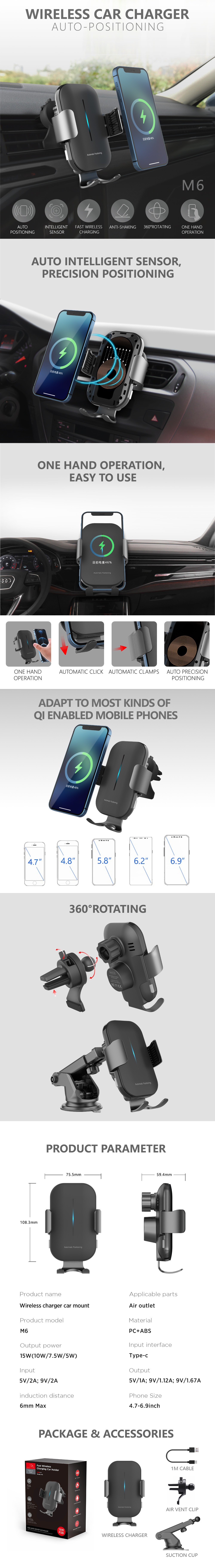 15W Qi Fast Charging Wireless Car Charger Auto Clamping and Intelligent Alignment Charging Area Car Mount for iPhone13