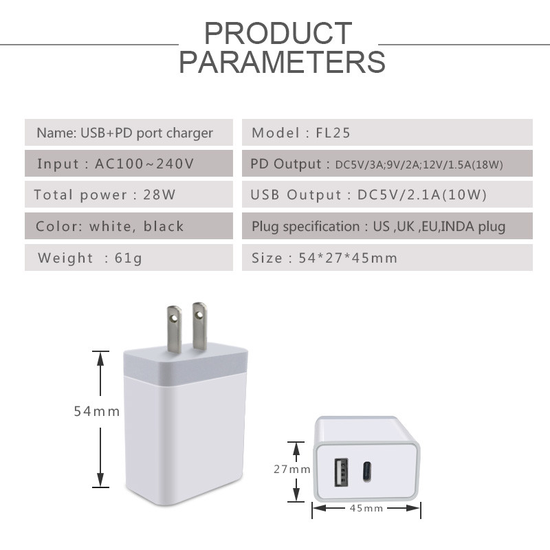 28W PD TRAVEL CHARGER TYPE-C +USB FAST CHRGER for Macbook compatible with HUAWEI QUICK CHARGE QC3.0/QC2.0 UK EU US IN