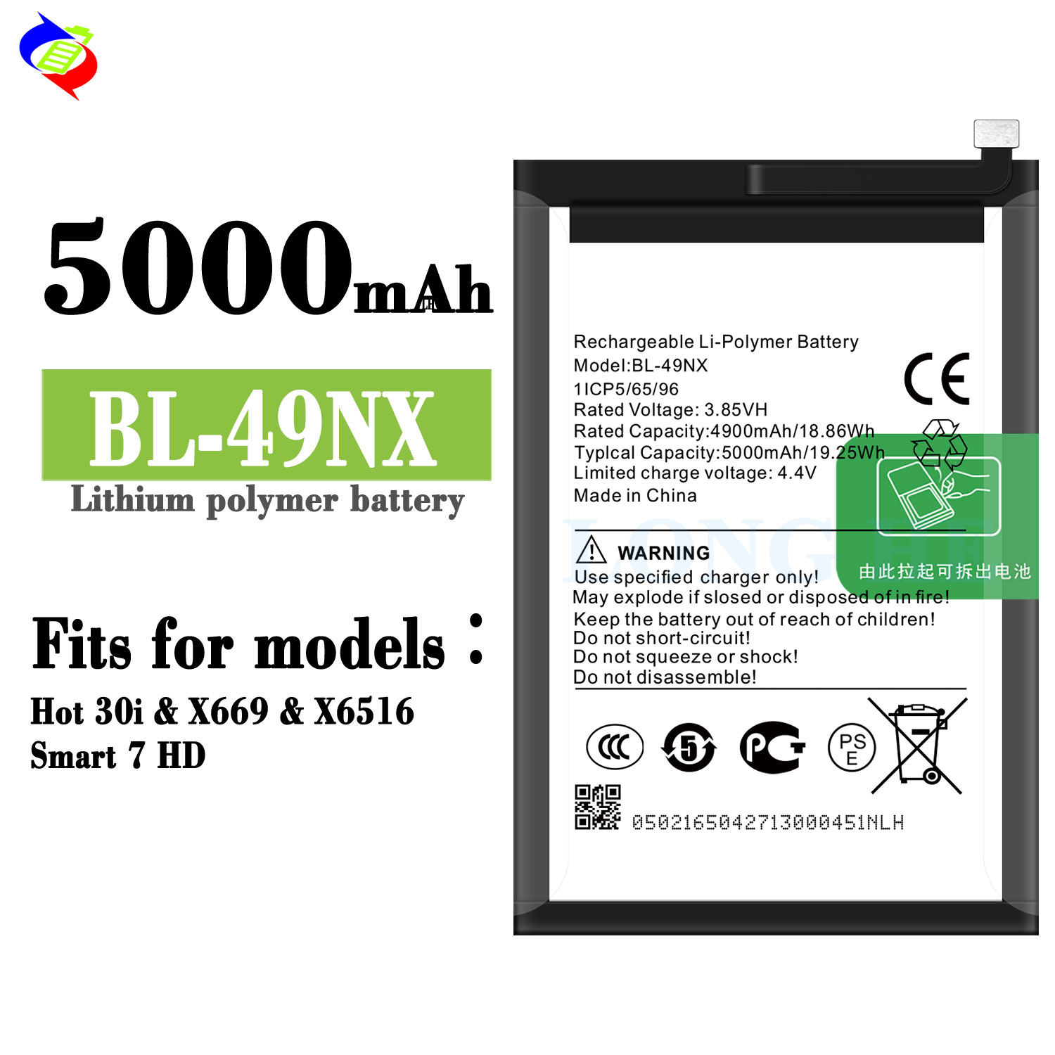 5000mAh Capacity BL-49NX Battery for Infinix Hot 30i/X669/Smart7HD Phone Rechargeable