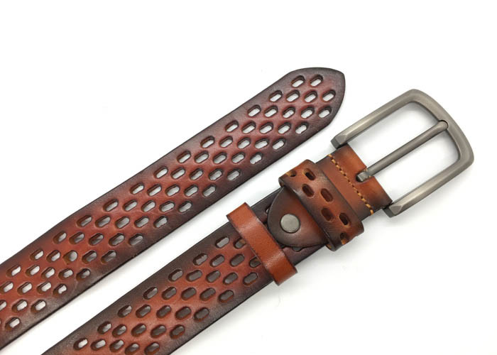 Men's Large Metal Buckle Hollow Wide Waist Belt Genuine Leather 1.5 Inches Wide Tan Color