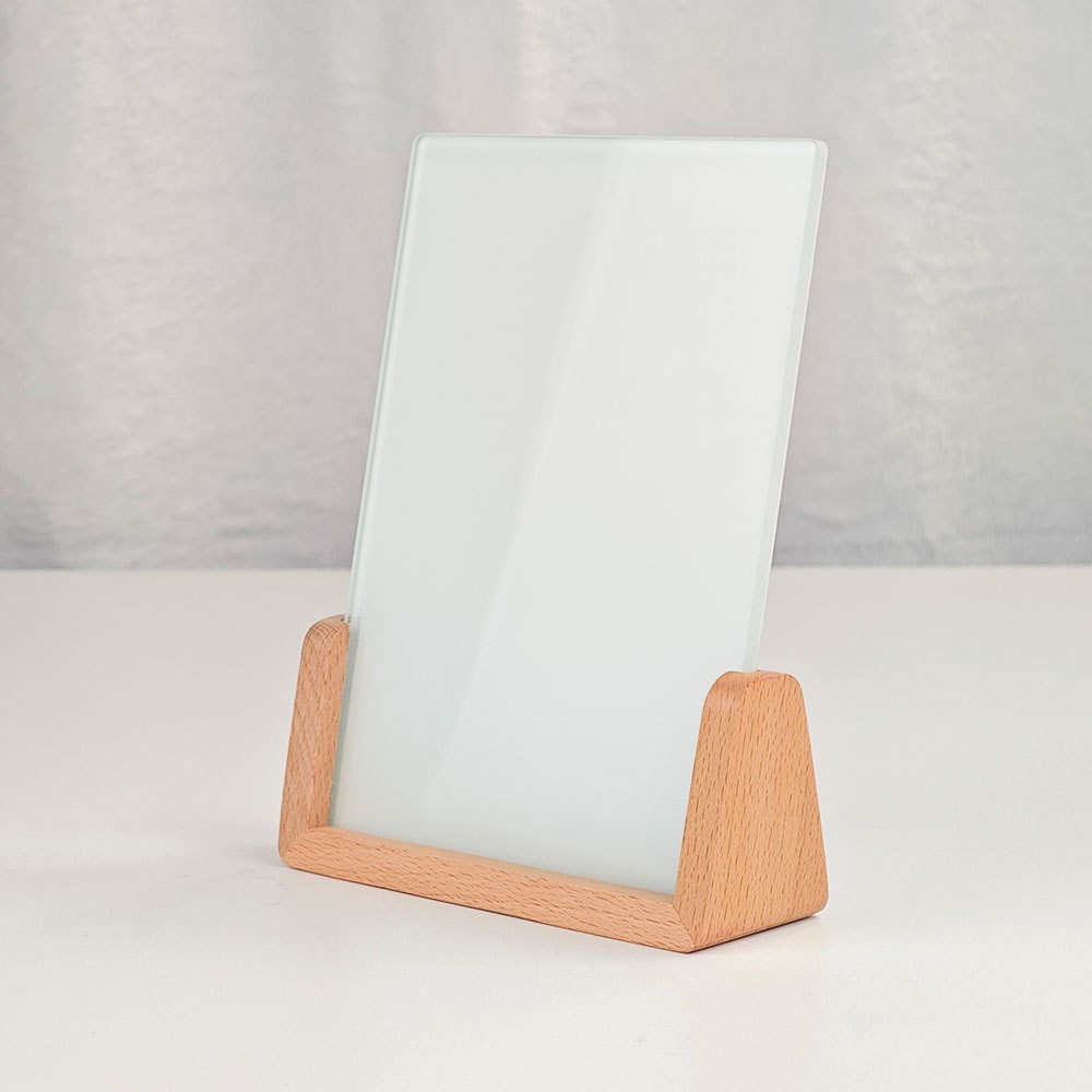 Durable Tabletop Sublimation Glass Photo Frame With Wooden U Shaped Base