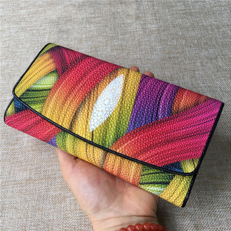 Thailand Authentic Stingray Skin Women's Card Holders Wallet Genuine Leather Female Coin Pocket Lady Large Clutch Purse