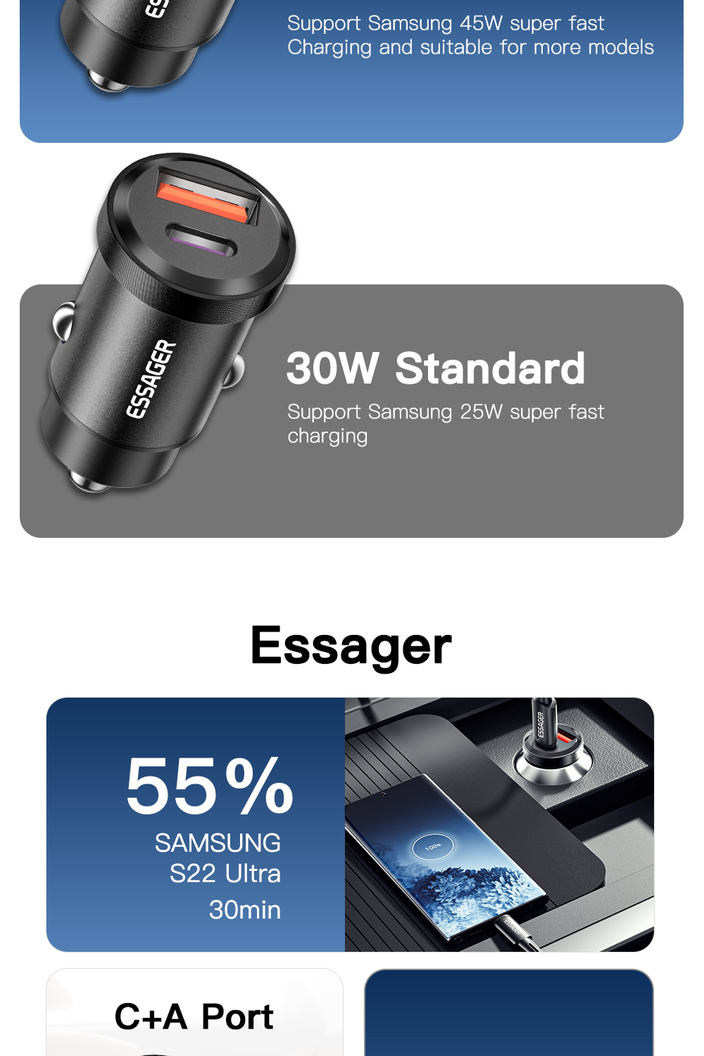 Essager 2022 Gyroscope New USB-A Type-C 30W 45W PD20W Mini Charger Car Charger