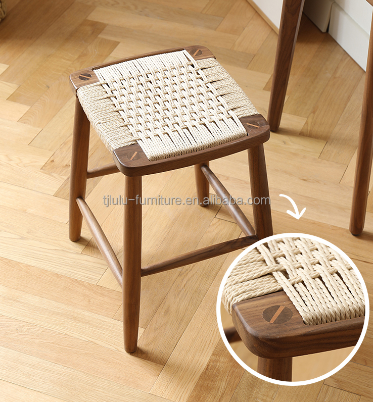 Modern Minimalist Nordic Bar High Stool Solid Wood Woven Rope Cafe Restaurant Stool For Events W30*D35*45/70CM