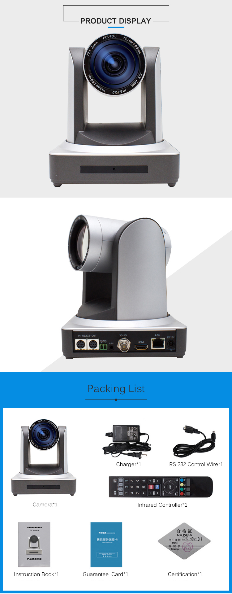 Ethernet Interface 20x Zoom PTZ Optics IP Streaming Video Camera With HD MI SDI Output