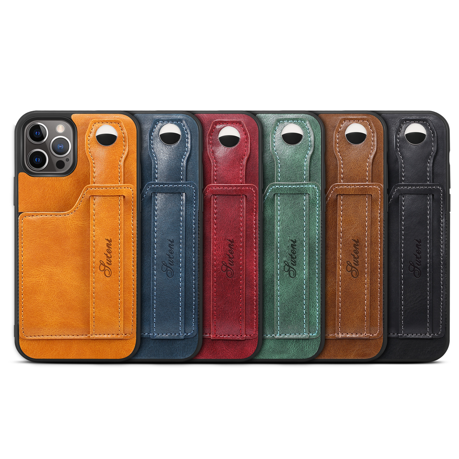 14 Pro Max PU Leather Cover Cell Phone Case with Card Holster and Wrist Strap