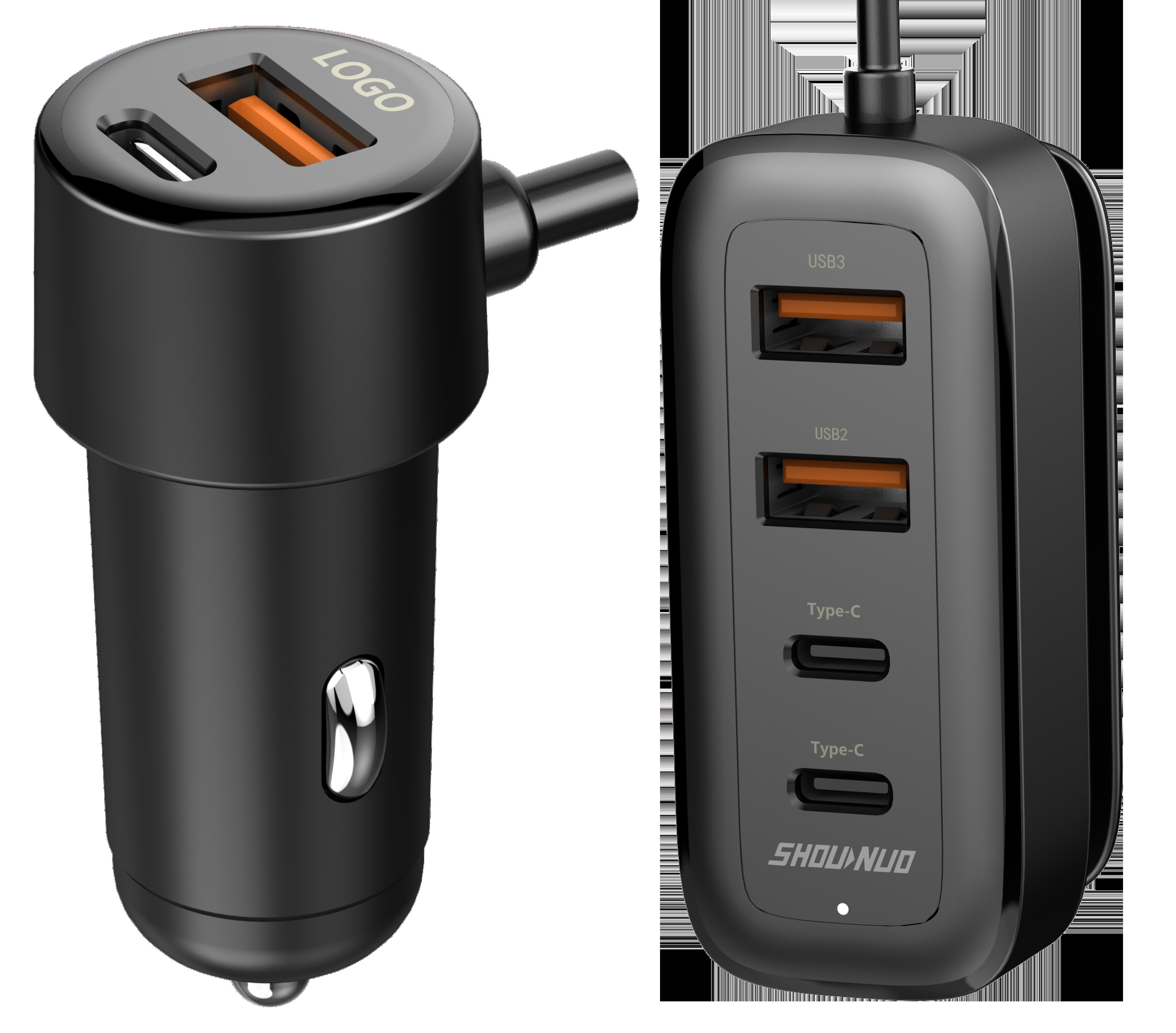 Multi Port ABS Fast Charging Car Charger With Extension Cord 120W Lighter Switch Plug