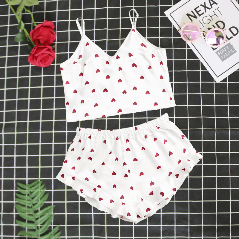 Sweet Cute Sleeveless Short Nighty Sets Sexy Soft Satin Heart Pajama For Women