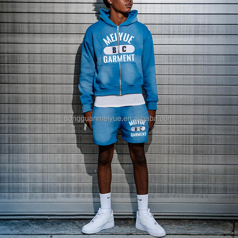 Custom Acid Wash Cropped Hoodie Vintage Shorts Track Suit Sun Faded Shorts Zip up Screen Print Hoodies and Short Set for Men