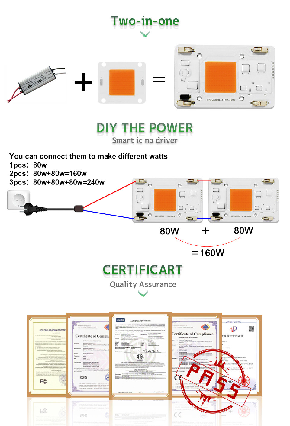AC110V AC COB LED 80W Full Spectrum Without Soldering Terminal