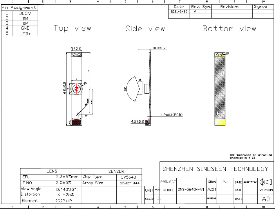 140 Degrees Wide Angle Face Recognition Camera Module Fixed Focus 5MP