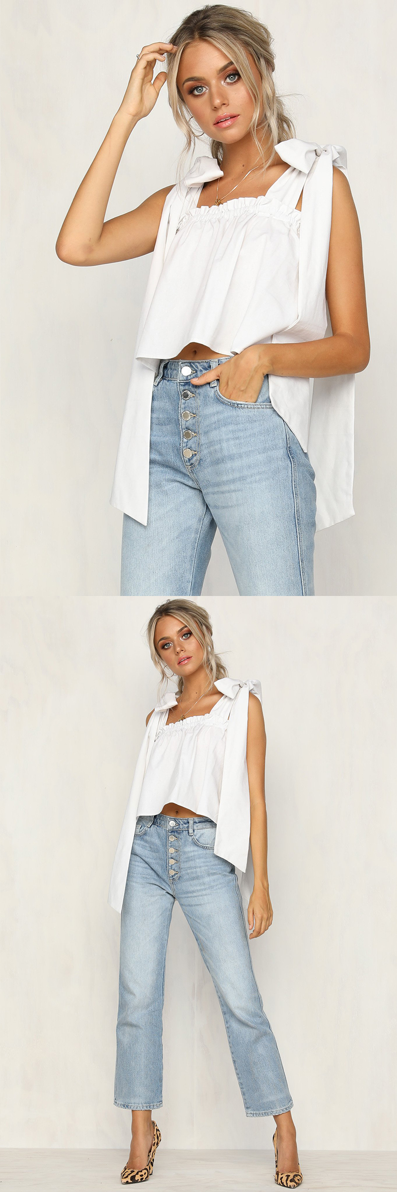 Women Cotton White Color Ruffle Neckline Crop Bohemian Women