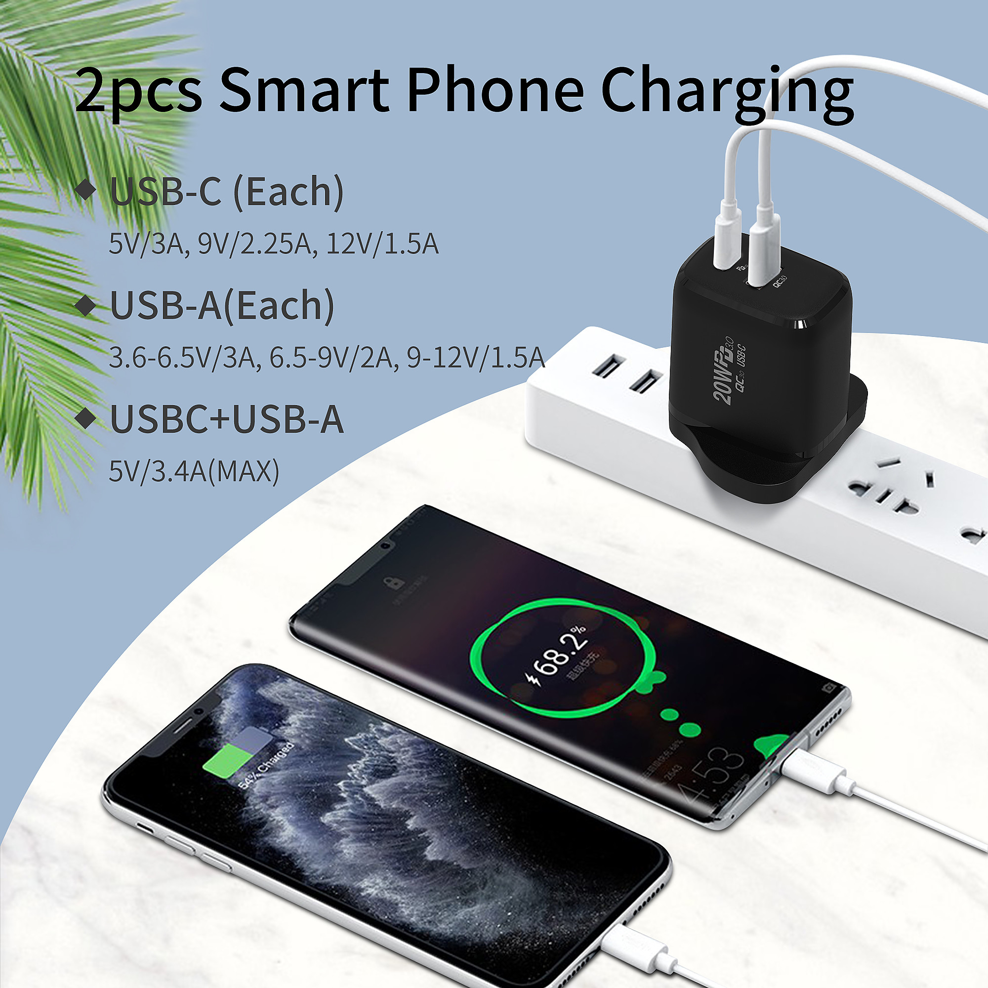 BiDa Cell Phone Charger Adapter PD EU 20W 2 Port USB Wall Charger