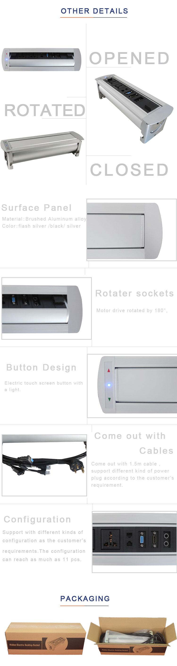Rotating Desktop Socket with South Africa Power Cable/Motorized Pop Up Socket