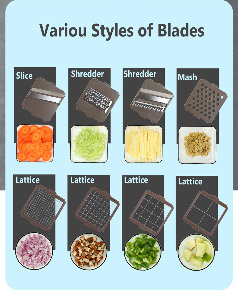 2 In 1 LFGB Kitchen Vegetable Chopper Shule With 8 Detachable Blades