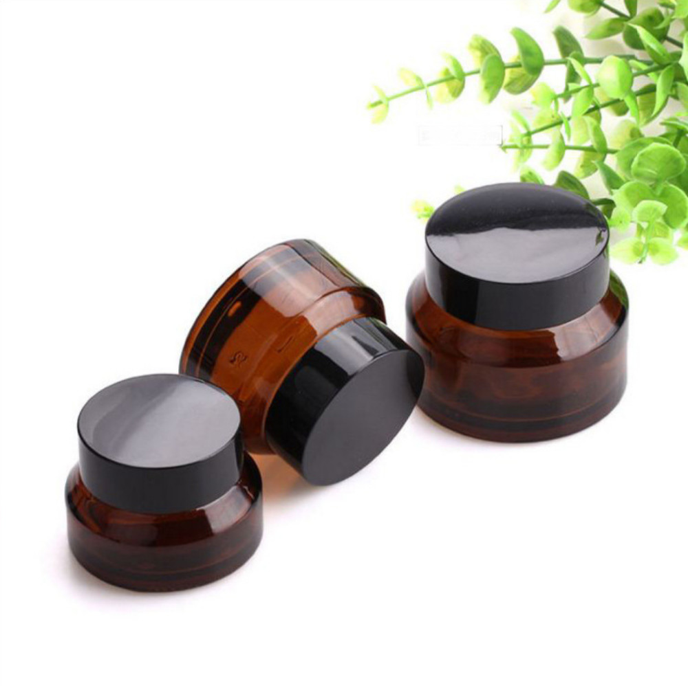 Amber Glass Empty Cosmetic Cream Jar Elegant Black Lid Aluminum Cap