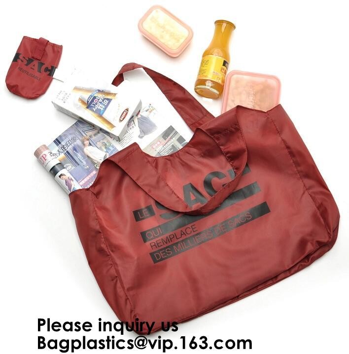 Printing Logo Polyester Handled Foldable Tote Bag With Snap Closure Foldable Bag Pocket Folding Nylon Shopping Bag