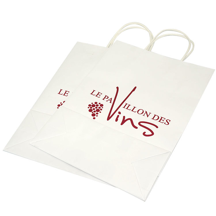 Wine Branded Paper Bags White Kraft Bags With Handles Pantone 221C Printing