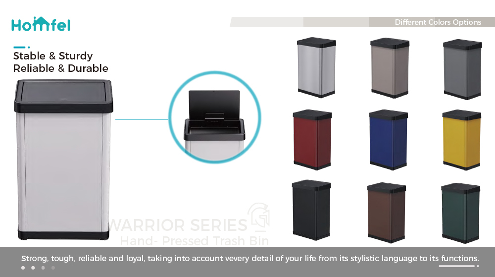 High Capacity Stainless Steel Trash Can 34.2*24.2*57cm Warrior Series 40L with Detachable Hand Press and Rolling Cover