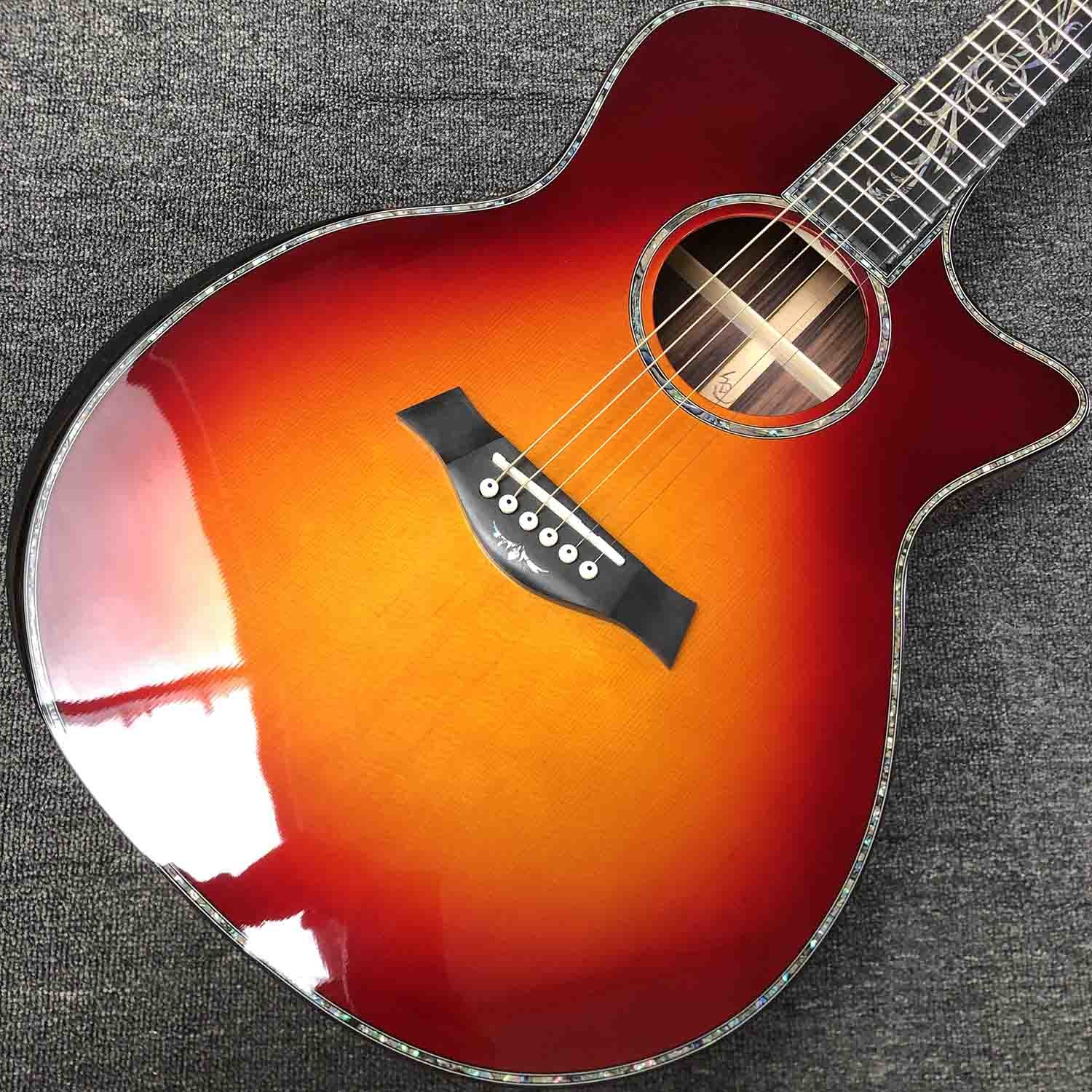 Custom Grand Solid Spruce Top Ebony Fingerboard Cutaway Arm Rest Abalone Inlays Acoustic Guitar with Open Tuner in Cherr